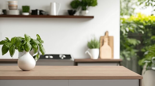 Fresh basil plant in white ceramic vase on wooden kitchen countertop.