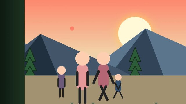 Minimalist flat design animation of family walking through a mountain landscape at sunset