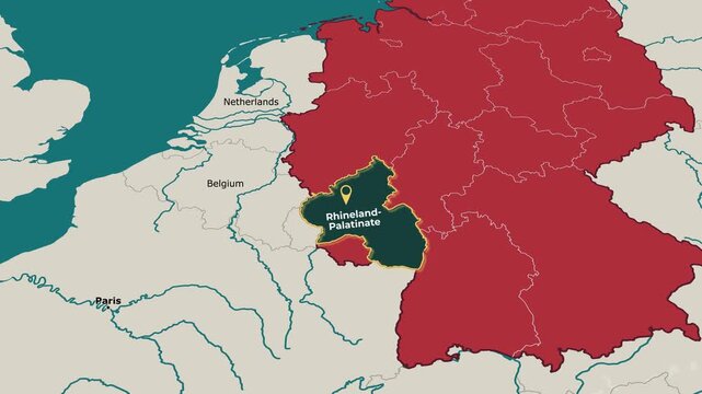 Animated map of Rhineland-Palatinate, Germany, highlighting the federal state boundary and location within Germany. Useful for geography, education, regional analysis, news, documentary and European