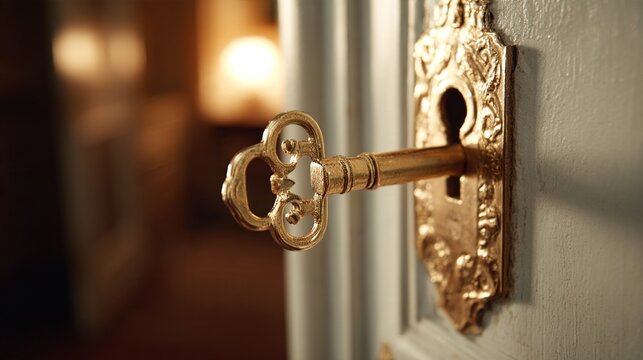 ajar. Golden key entering ornate lock, door ajar, symbolic moment. lifestyle magazines, social media lookbooks, designed for influencer and brand collaborations, used by travel agents.