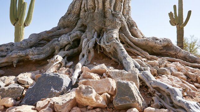 sunbleached. Massive, exposed root system of a cactus sprawling over sun-bleached desert rocks. gardening catalogs, home-decor guides, designed for home decor and floral branding.