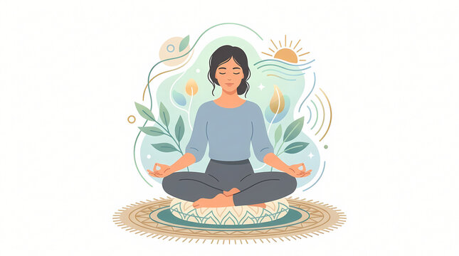 Woman meditating peacefully in lotus pose surrounded by nature elements and sun