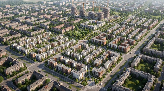 aerial view of modern residential neighborhood with houses and green spaces
