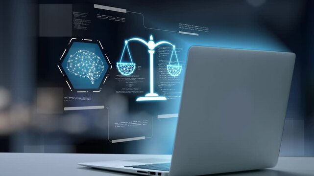 A sleek laptop displays a digital scale, representing the intersection of technology and law, highlighting concepts of justice, equity, and modernization in legal practices. Salient