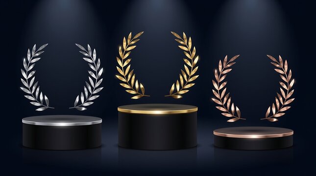 Three black circular podiums with silver gold and bronze laurel wreaths for award ceremonies.
