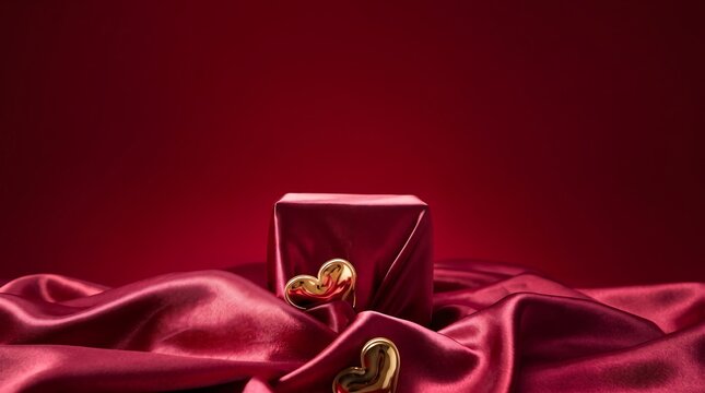 Square pedestal covered in red satin cloth with gold heart decorations for romantic gifts.