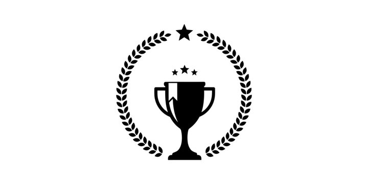 Black trophy cup icon inside a laurel wreath frame with stars