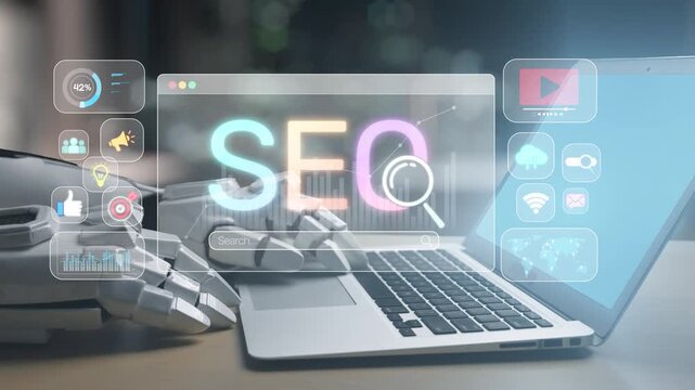 A futuristic robot hand examines SEO data on a laptop screen, showcasing digital metrics and icons in a modern workplace environment, emphasizing technological advancement. Salient