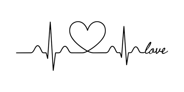 Continuous line drawing of a heart shaped heartbeat rhythm with the word love written in a simple script font style