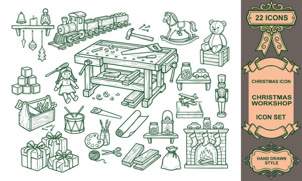 hand drawn christmas workshop icon set santa toy factory workbench wooden train linear vector illustration