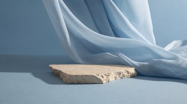 Natural travertine stone slab pedestal with floating blue fabric for luxury product display.