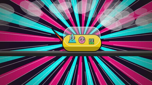 Cartoon geometric characters including a triangle circle and square riding inside a yellow monorail pod vehicle against a colorful pop art sunburst background with halftone clouds
