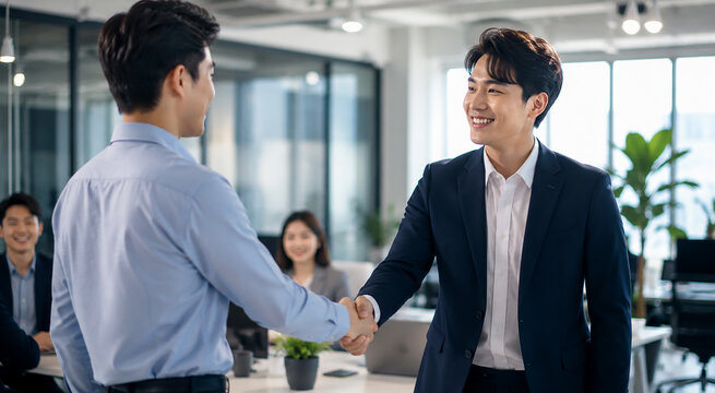 Professional Asian Businessmen Shaking Hands in Modern Corporate Office