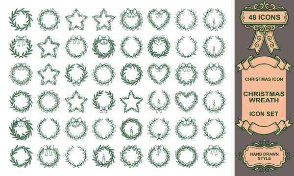 hand drawn christmas wreath icon set botanical holiday garland foliage circle frame linear vector illustration