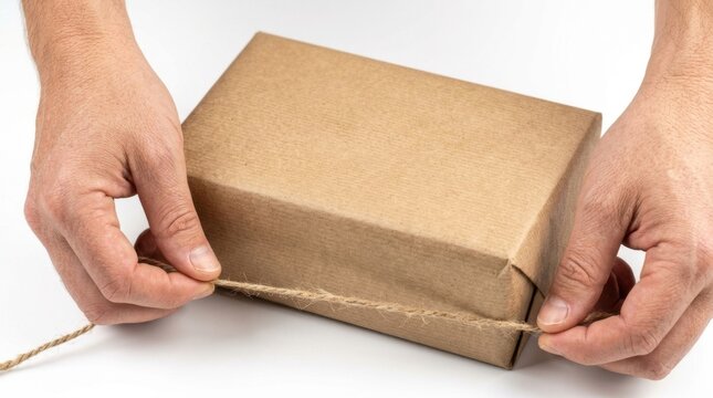 A close up view of hands carefully wrapping a plain brown paper package with natural jute twine string for a minimalist rustic gift presentation