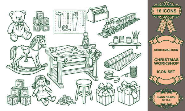 hand drawn christmas workshop icon set holiday toy maker rocking horse train box vector illustration
