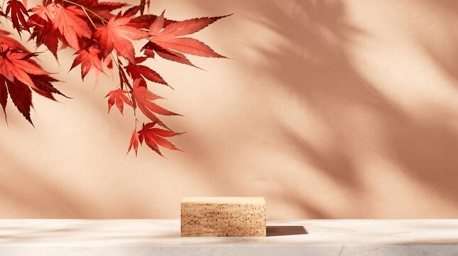 Minimalist cork podium stage with red maple leaves for product display on marble surface.