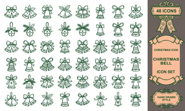 hand drawn christmas bell icon set bundle holiday jingle chime bow decoration linear vector illustration