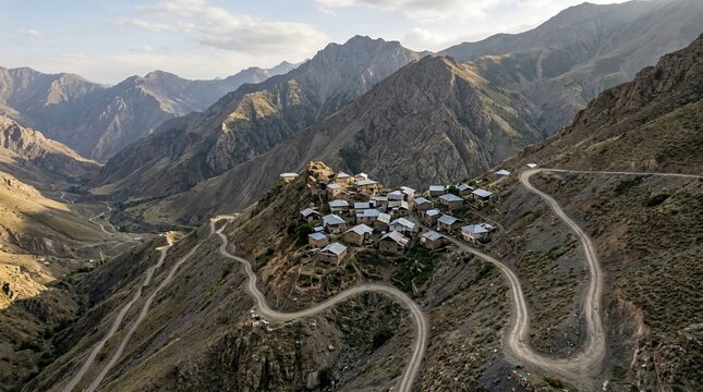 Remote mountain village nestled on a steep, winding hillside with surrounding rugged peaks and dramatic landscape