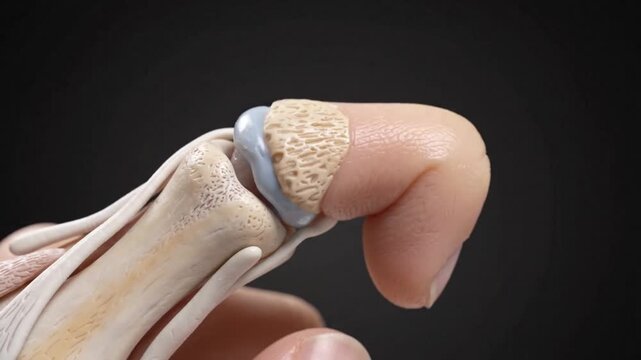 Close-up finger joint with visible bone and cartilage performing grasping motion, medical anatomy illustration animation on dark background, hand joint mobility and orthopedic concept