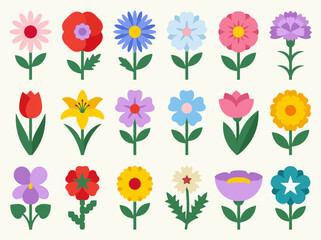 Obraz premium Set of Colorful Flat Design Flower Icons - Variety of Stylized Floral Illustrations for Web, Graphic Design, Spring, and Summer Projects