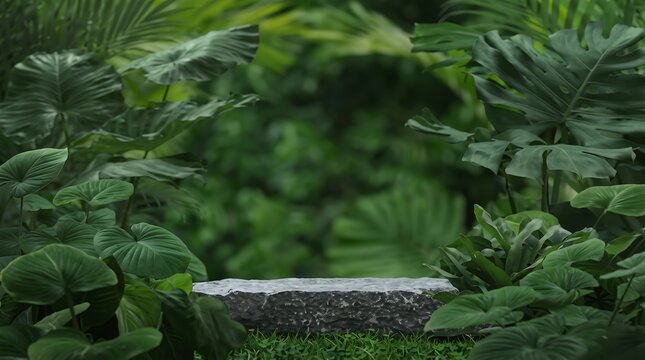 Textured stone block podium for product display set in lush green tropical forest garden.