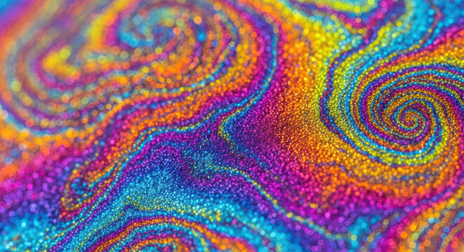 Iridescent liquid swirl background, vibrant rainbow oil slick texture, psychedelic colorful soap bubble macro, abstract shimmering fluid art
