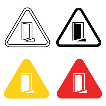 Safety warning sign collection depicting an open doorway entrance hazard with entrance triangle building facility protection pictogram standard