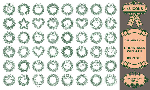hand drawn christmas bell icon set holiday chime ribbon bow foliage outline element vector illustration