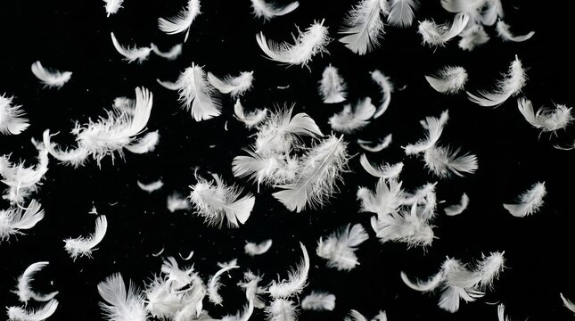 Elegant White Down Feathers Falling Against Black Background