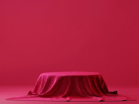 Round podium covered in luxurious deep pink velvet fabric on a matching background.