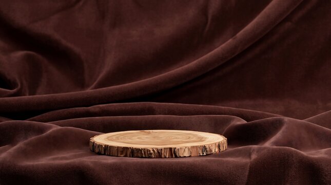Wooden slice podium on a rich dark brown velvet draped background for rustic product display.