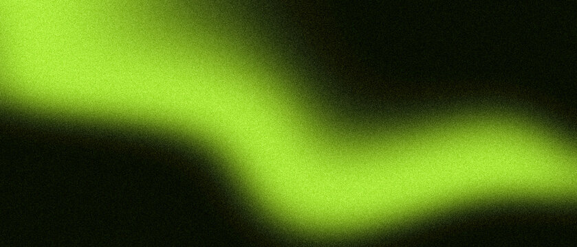 Abstract Lime Green Neon Wave on Black Background with Grainy Noise Texture, Blurred Glowing Light Fluid Gradient, Modern Graphic Backdrop