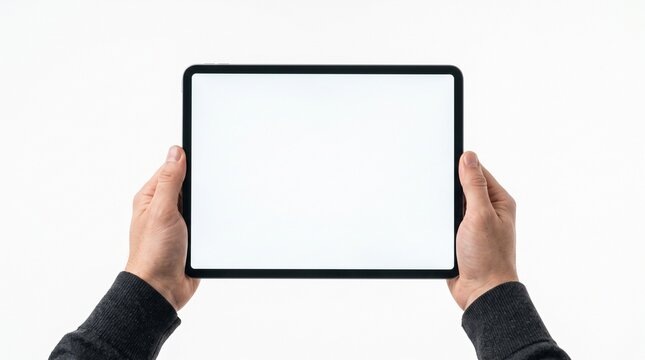 Person holding a tablet computer horizontally with a blank white screen