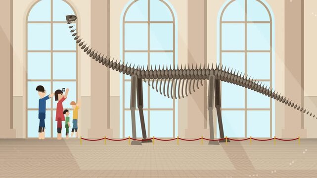 Animated family visiting a natural history museum and taking a picture of a large dinosaur skeleton