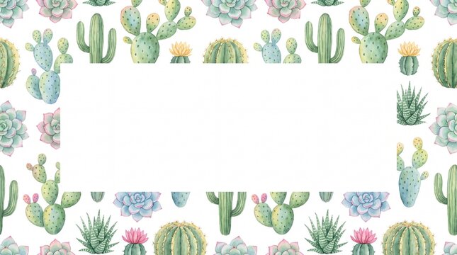 Watercolor cactus and succulent botanical border frame with copy space