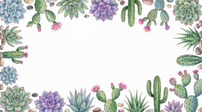 Watercolor succulent and cactus border frame with copy space