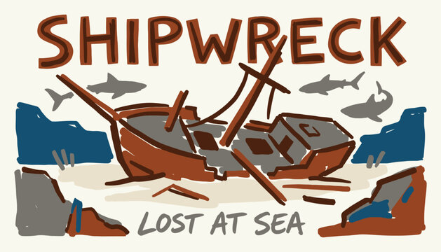 Shipwreck lost at sea nautical adventure illustration for travel and history themes