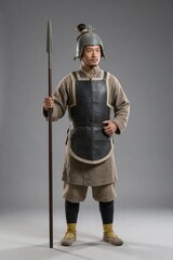 Obraz premium Chinese Zhou Dynasty Elite Guard in a Bronze Helmet with a Spear