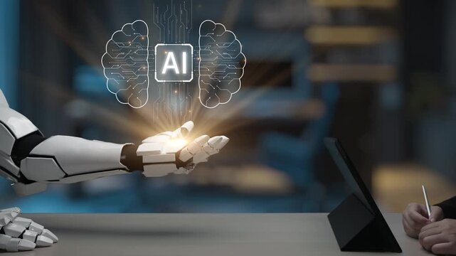 A vision of future technology showcasing human and robot collaboration in a modern office. Focused on AI interaction and advancement, highlighting innovation and creativity. Salient