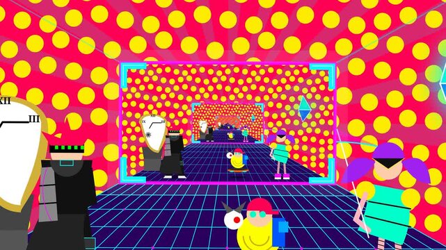Retro Y2K aesthetic surreal museum animation with abstract characters neon polka dots melting clock and endless hallway loop