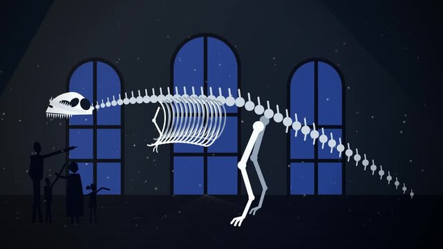 2D animation of a family silhouette visiting a natural history museum at night and looking at a glowing dinosaur skeleton exhibit
