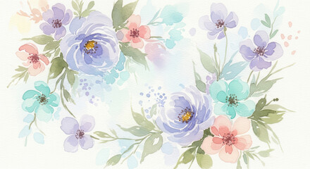 Obraz premium Watercolor floral background with pastel purple and pink flowers, romantic hand-painted flower border, soft spring botanical illustration