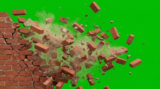 Exploding red brick wall breaking apart into flying debris isolated on green screen