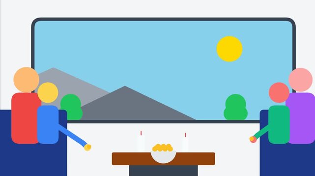 Animated video of a family enjoying a scenic train trip looking at passing mountains and nature out the window