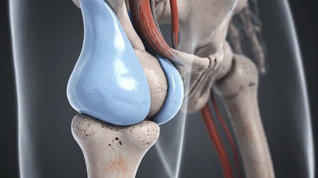 3D hip joint anatomy showing femur, cartilage and muscles during natural walking motion, medical illustration animation on dark background, orthopedic mobility and joint health concept