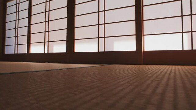 障子の光と影：和室の廊下を通り過ぎる人影のシルエット