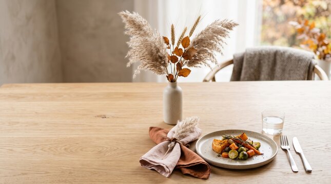 Thanksgiving place setting with sage green napkin, mustard plate and baked apple, empty space for text