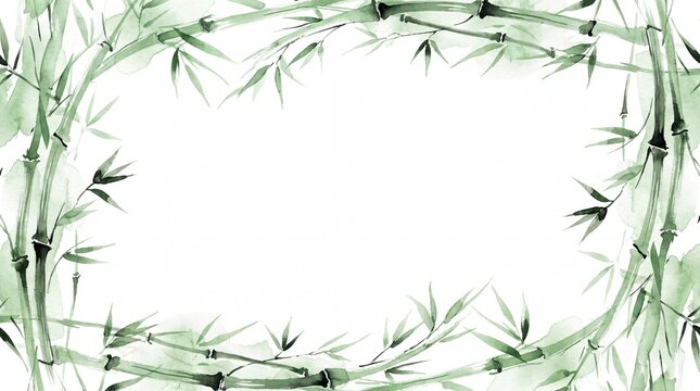 Watercolor green bamboo leaf border frame with central copy space
