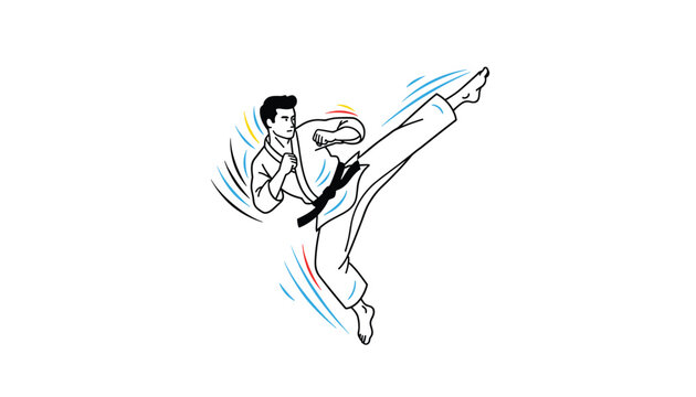 Energetic hand drawn illustration of a martial artist performing a high side kick in a dynamic fighting pose.